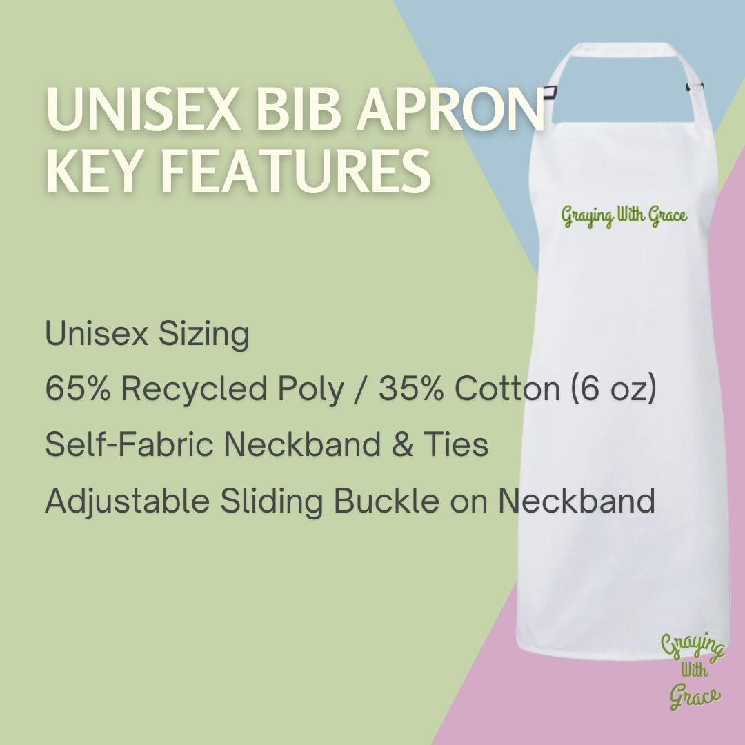 a white apron with the words unisex bib apron key features