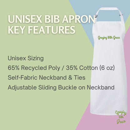 a white apron with the words unisex bib apron key features