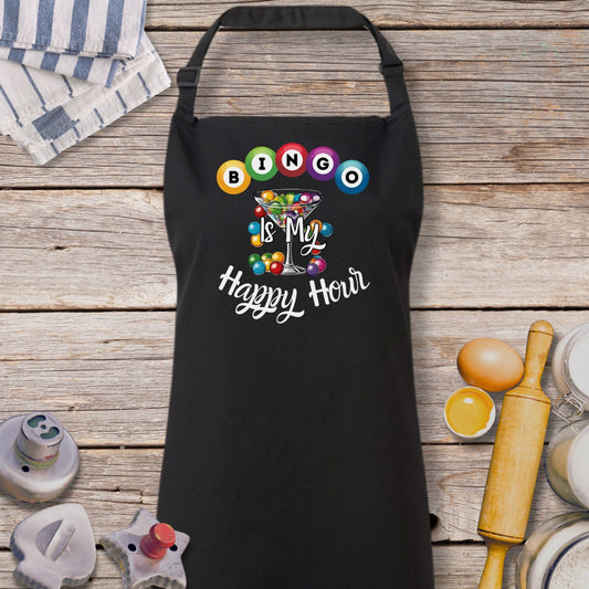 a black apron with a happy hour design on it