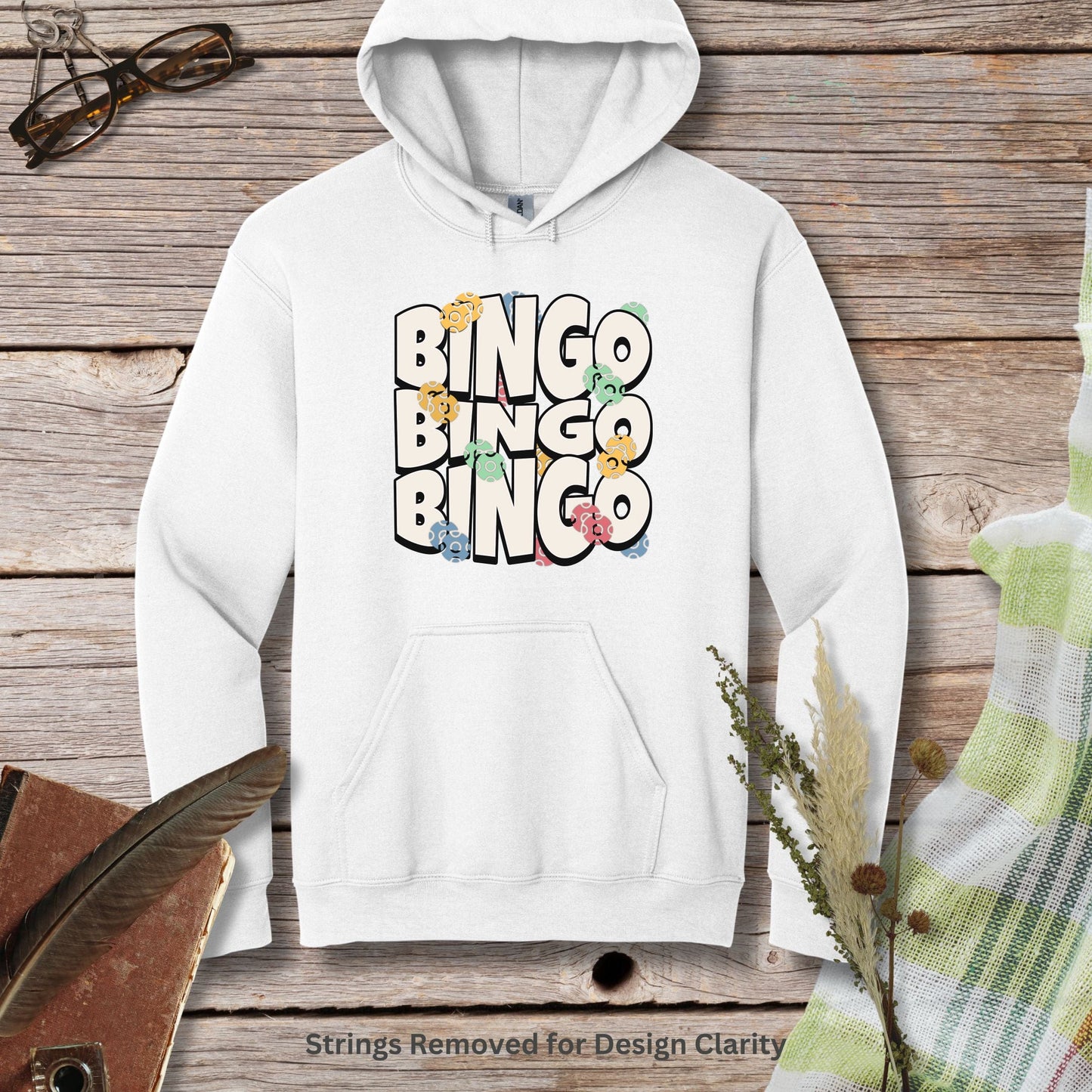 a white hoodie with the words bingo bingo on it