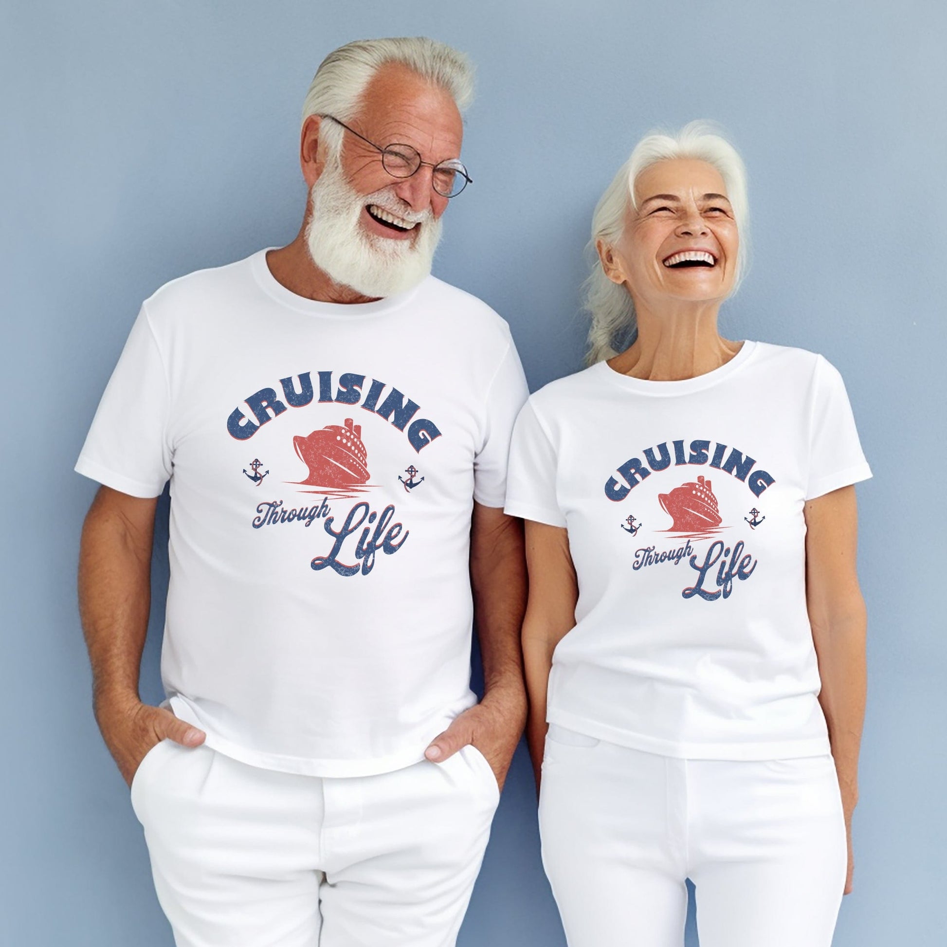 a man and a woman wearing matching shirts