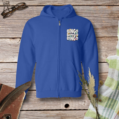 a blue hoodie with the words bingo and bingo on it