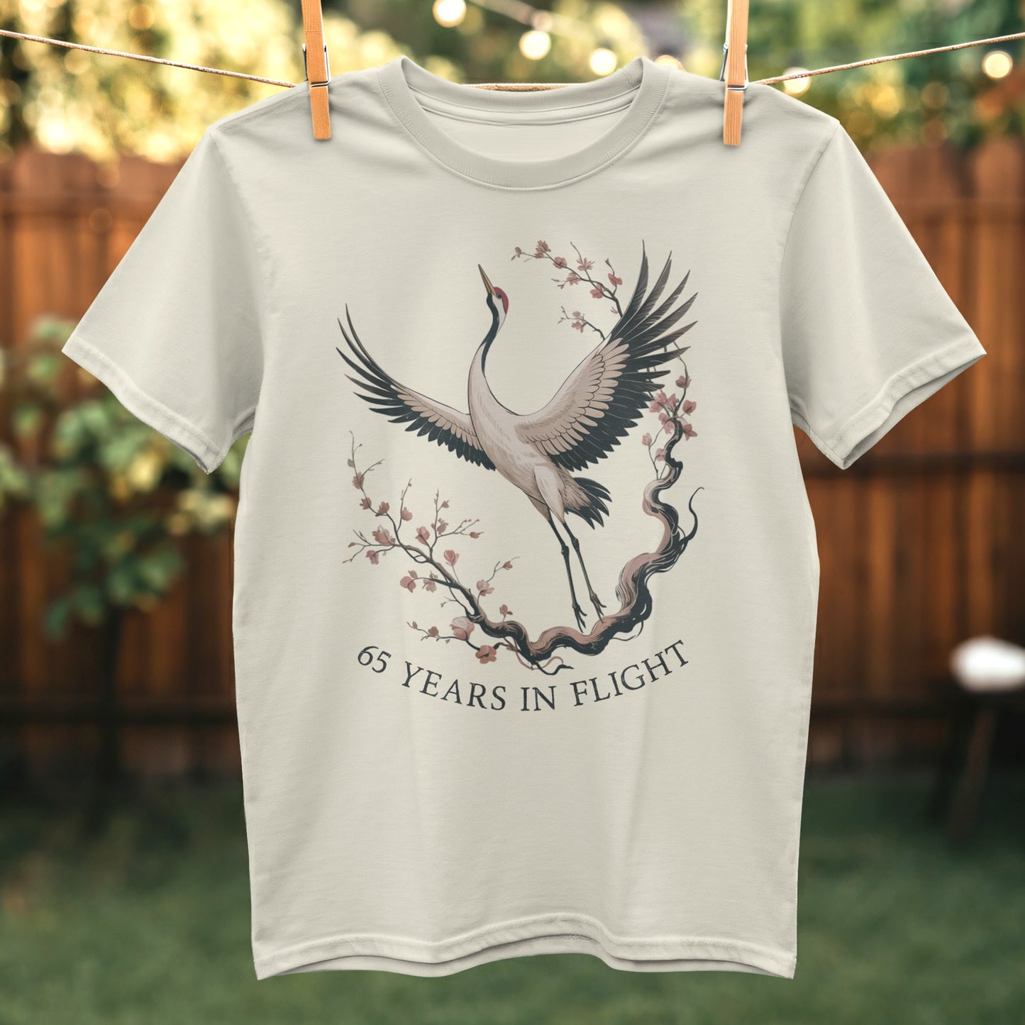 65 Years in Flight Crane and Blossoms T-Shirt Product