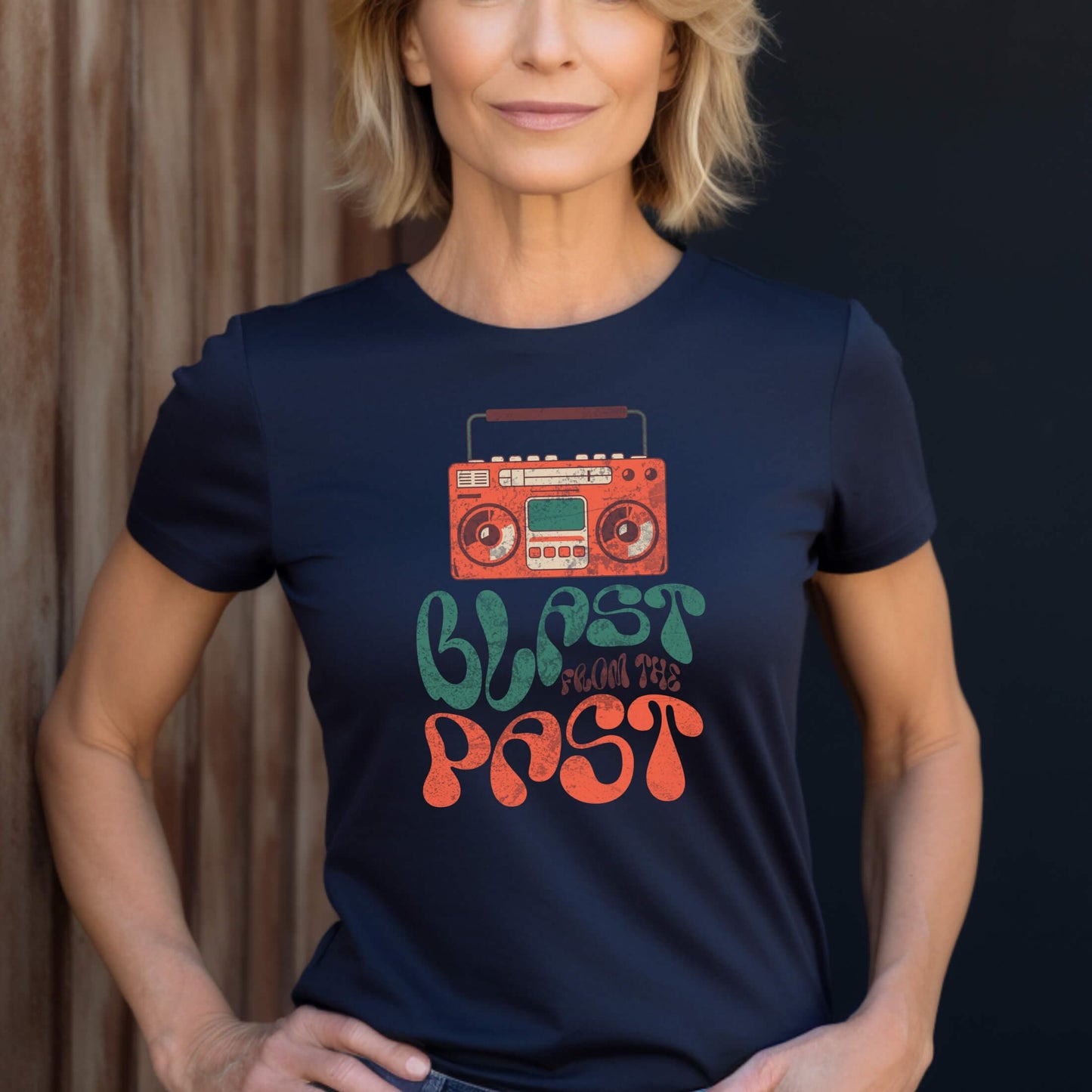 Ladies Navy Tee Older Woman Blast From The Past Boom Box