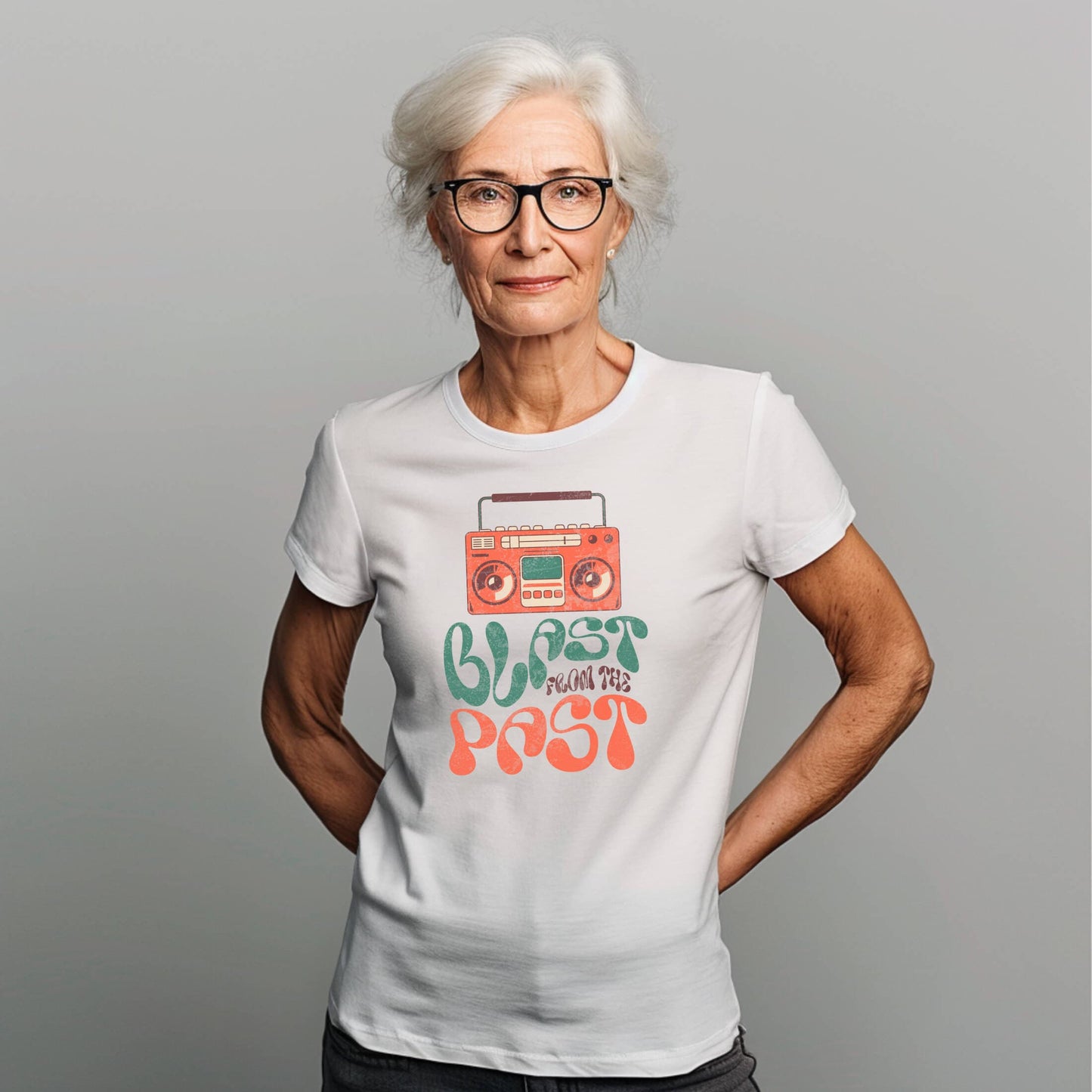 Ladies White Tee Senior Woman Blast From The Past Boom Box