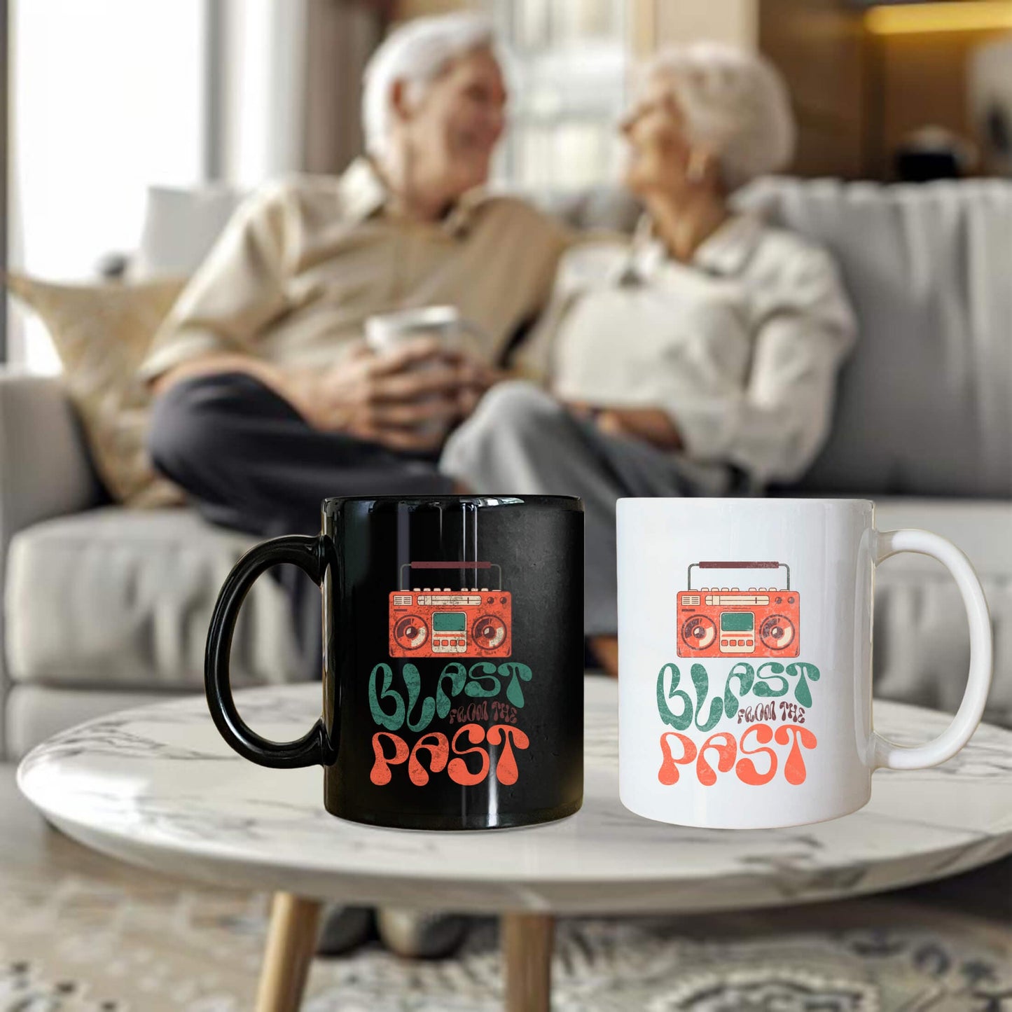 Multiple Mugs Elderly Couple Blast From The Past Boom Box