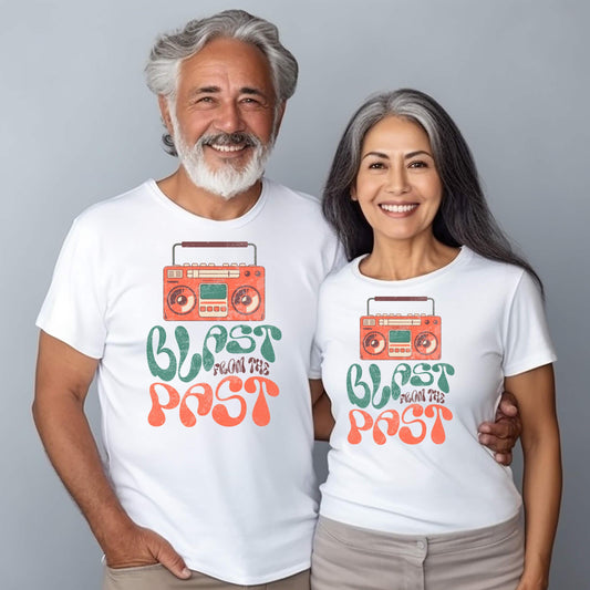 Unisex White Tee Shirt Senior Couple Blast From The Past Boom Box