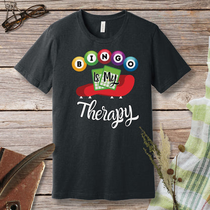 a black t - shirt that says bingo is my therapy