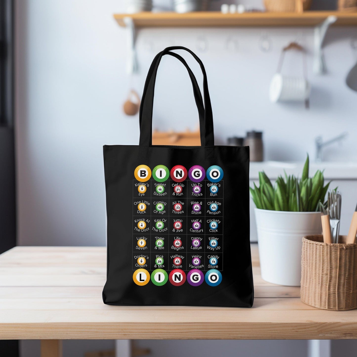 a black tote bag with a bunch of different icons on it