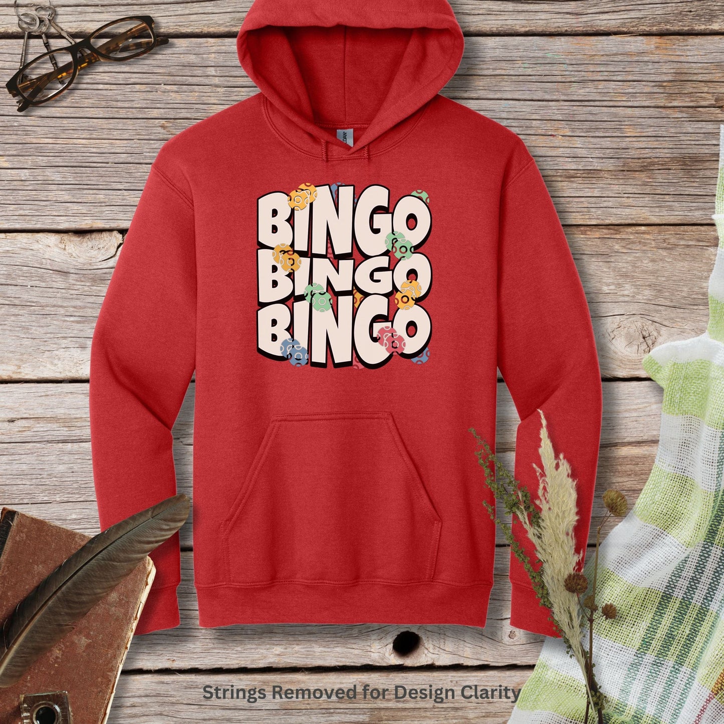 a red hoodie with the words bingo bingo bingo on it