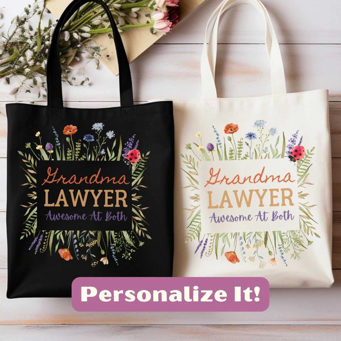 two personalized tote bags sitting on a table