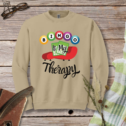 a sweatshirt with the words bingo is my therapy on it