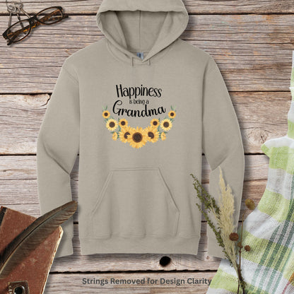 a gray hoodie with sunflowers and the words happiness is being grandma on