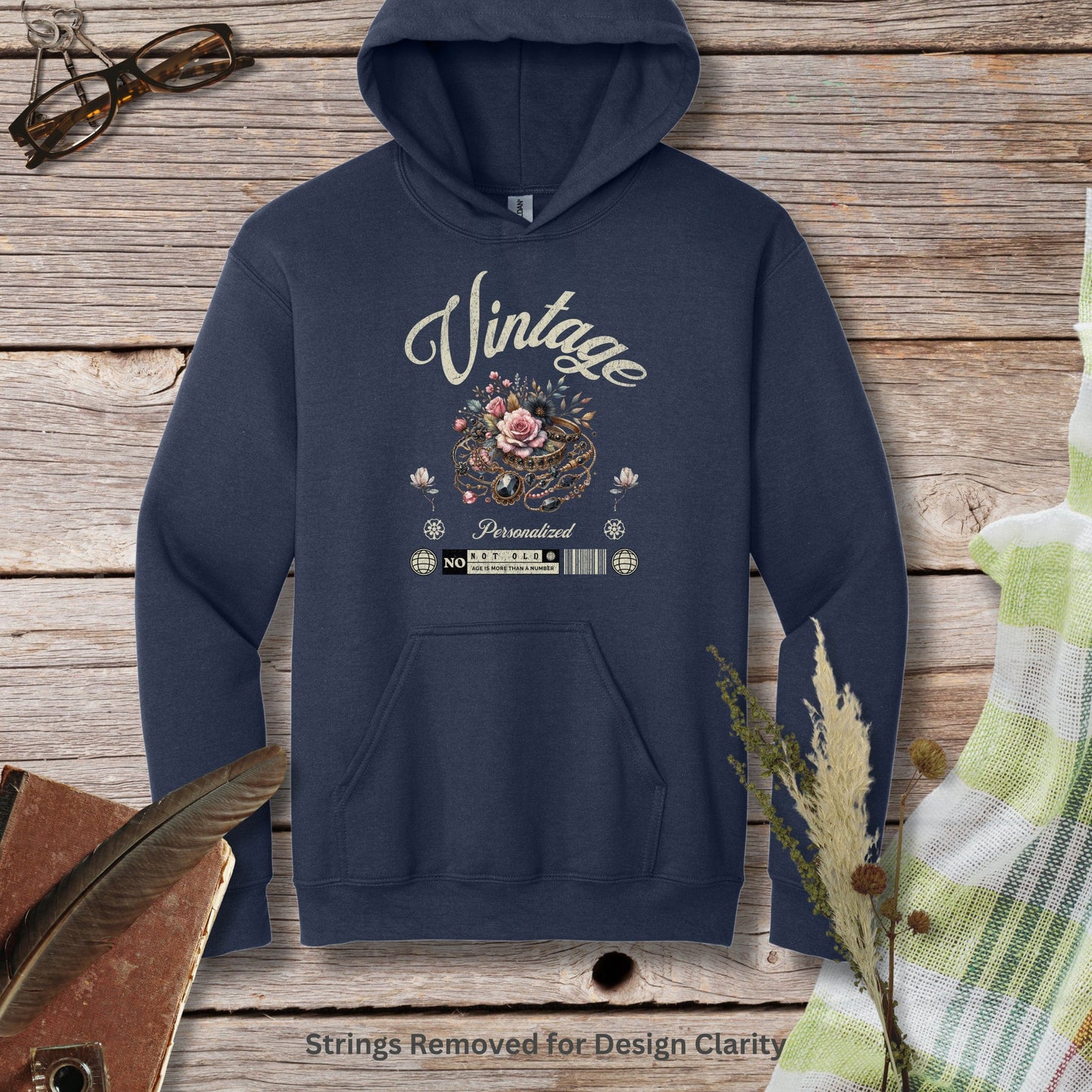 a blue hoodie with an image of a flower and the words vintage on it