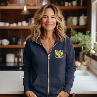 a woman standing in front of a kitchen counter