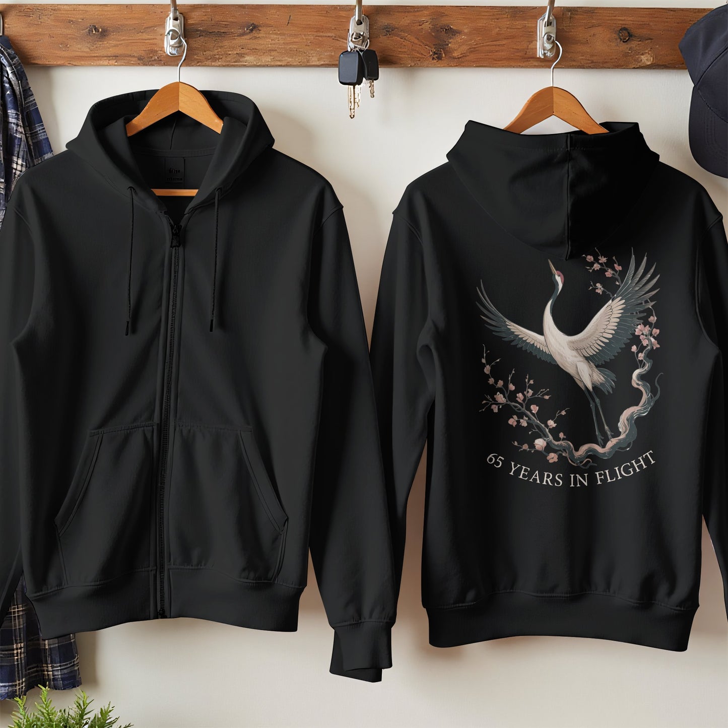 65 Years in Flight Crane Print Black Hoodie product