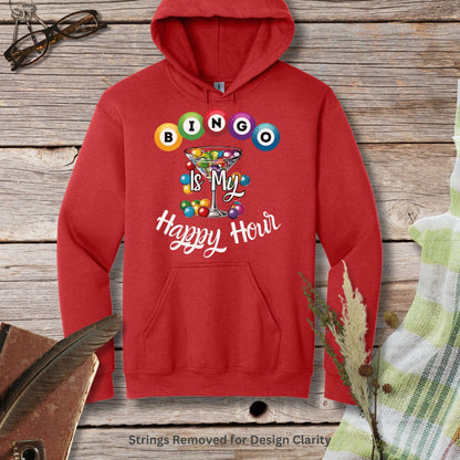 a red hoodie that says boo is my happy hour