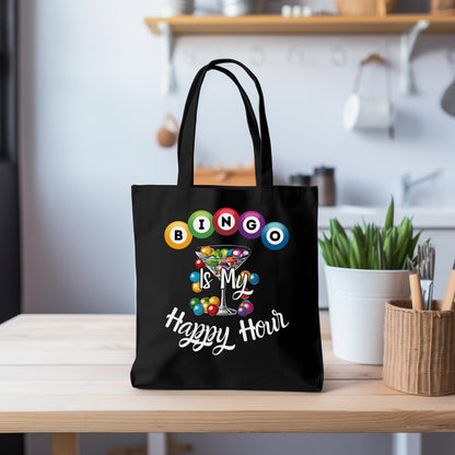 a black tote bag with the words bingo is my happy hour