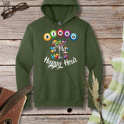 a green hoodie with the words happy hour on it