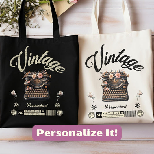 two tote bags with the words vintage and personalize it