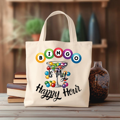 a white bag with a happy hour design on it