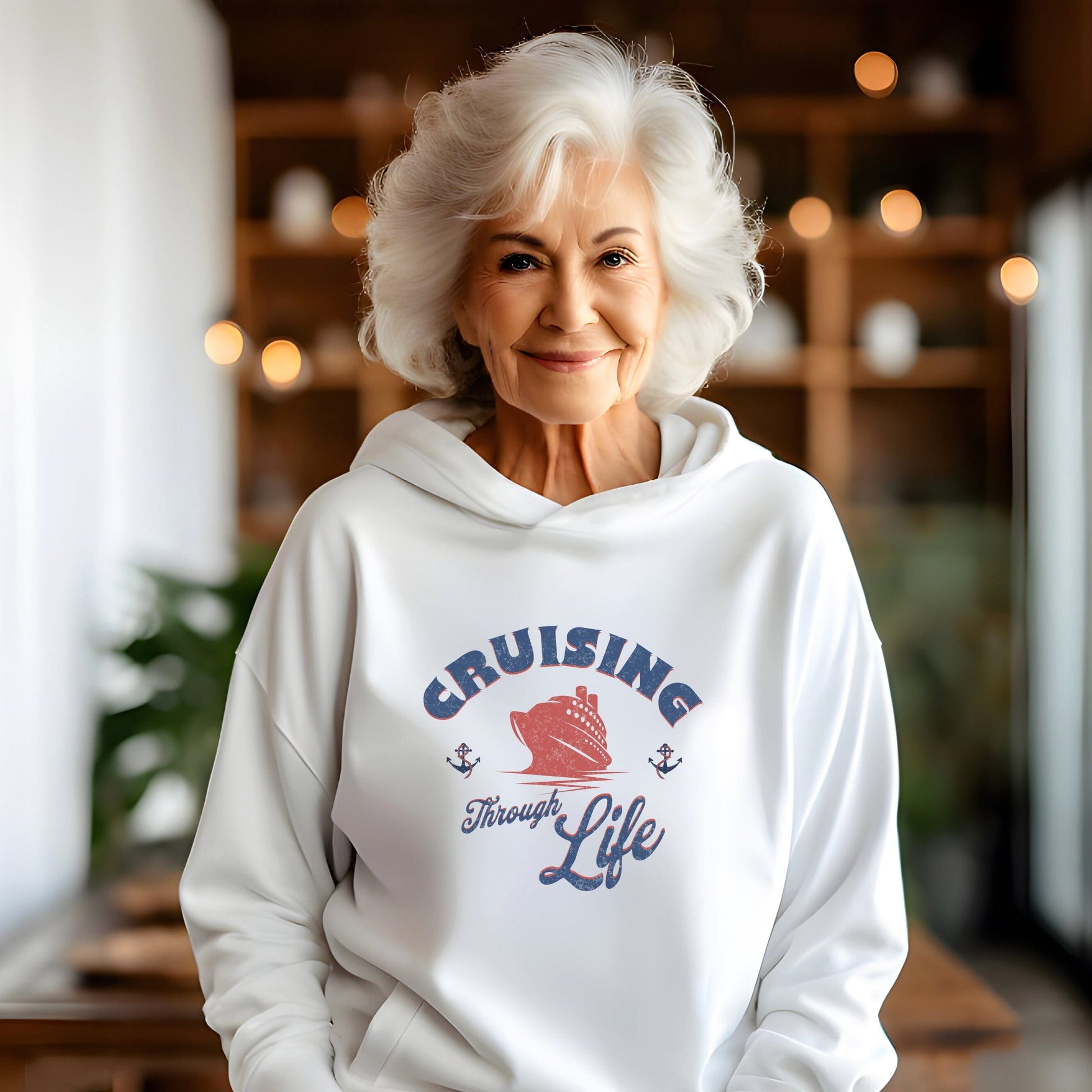 an older woman wearing a white sweatshirt with the words cruising through life on it