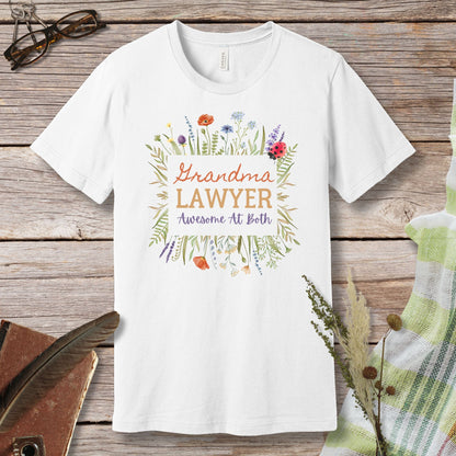 a white t - shirt with the words grandma's lawyer on it