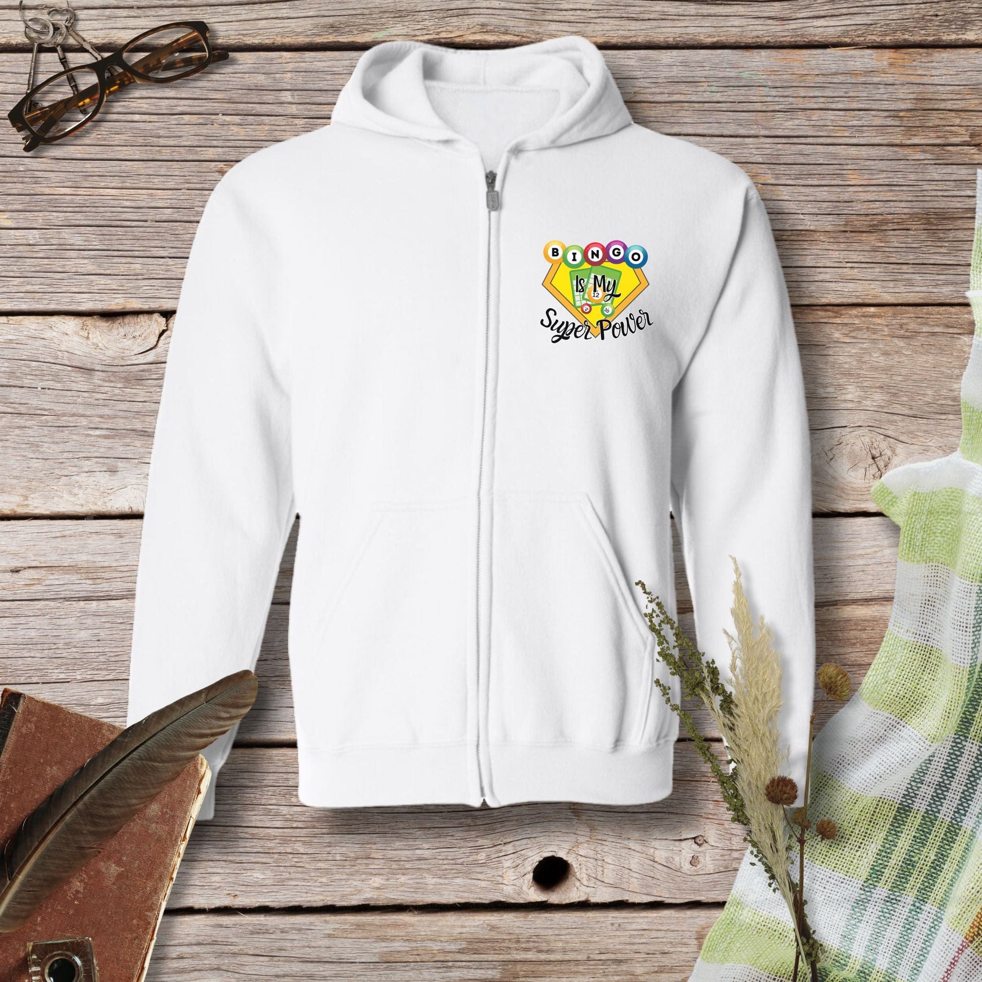 a white hoodie with a colorful logo on it