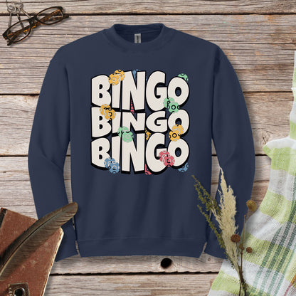 a blue sweatshirt with the words bingo bingo on it