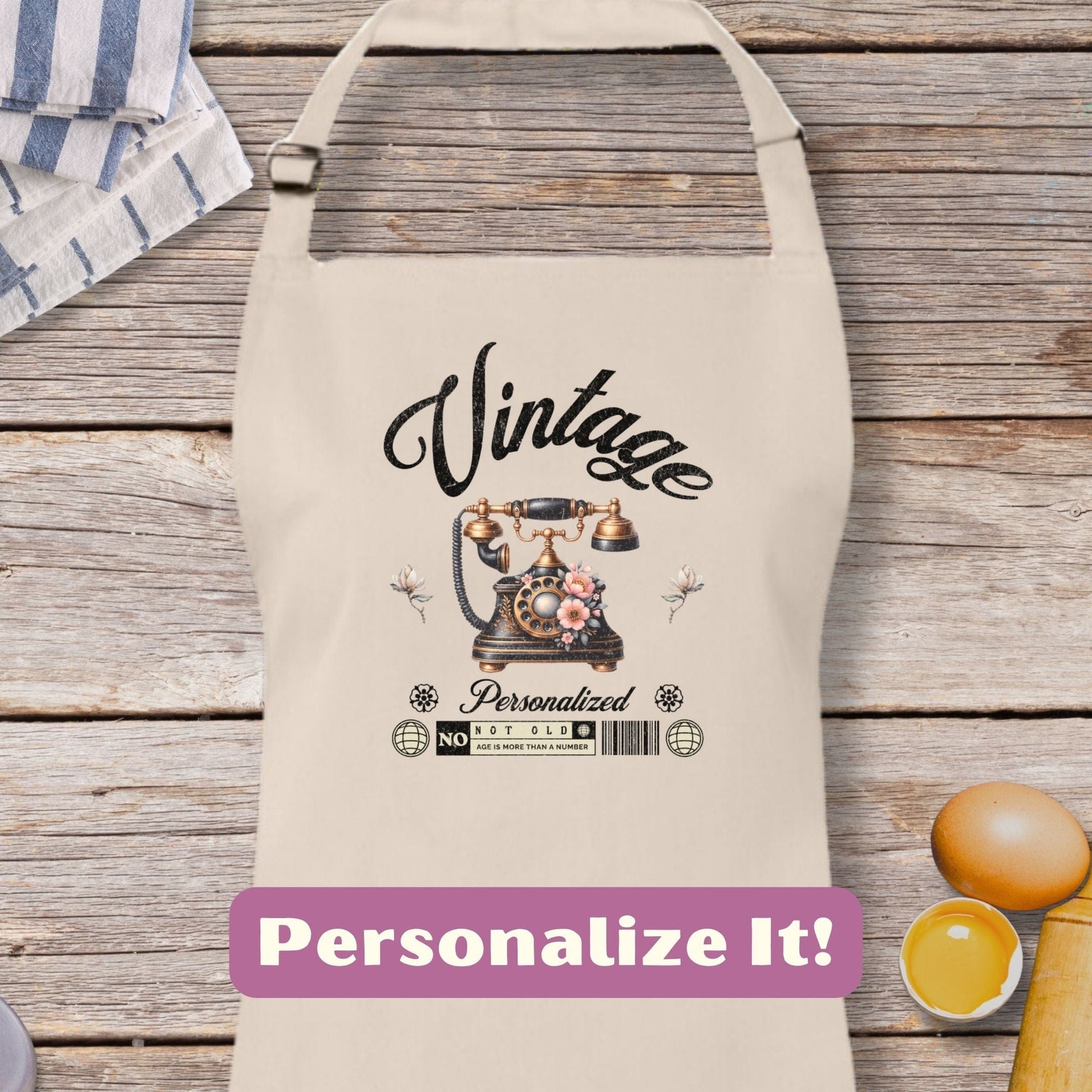 a personalized apron with the words vintage on it