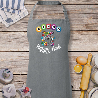 a gray apron with a picture of a happy mom on it