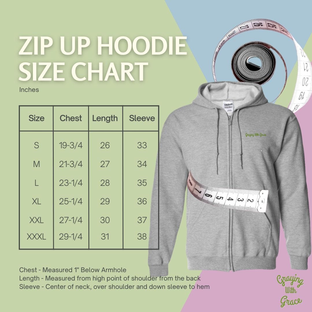 a zip up hoodie size chart with measurements