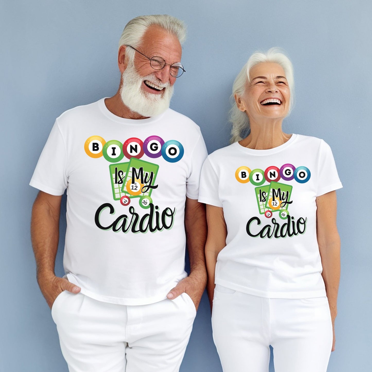 a man and a woman wearing matching t - shirts