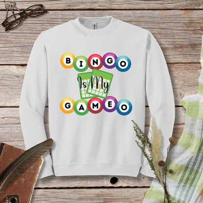 a white sweatshirt with a game design on it