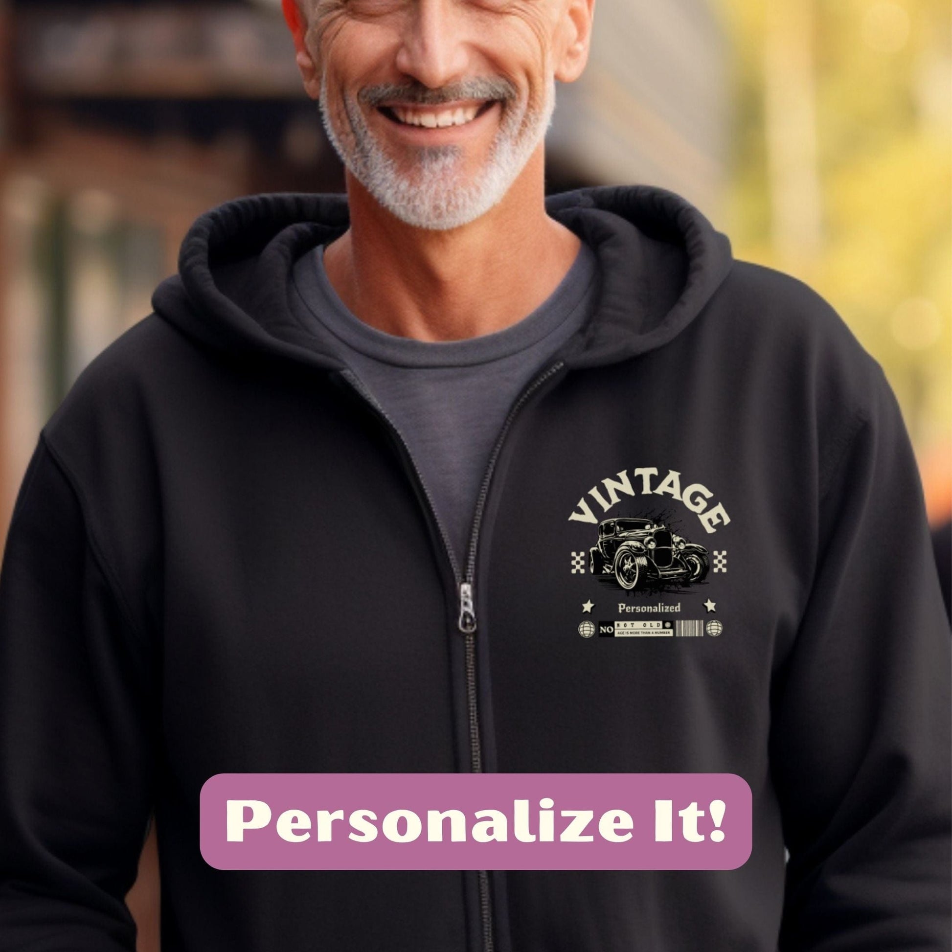 a man wearing a black hoodie with the words personalize it