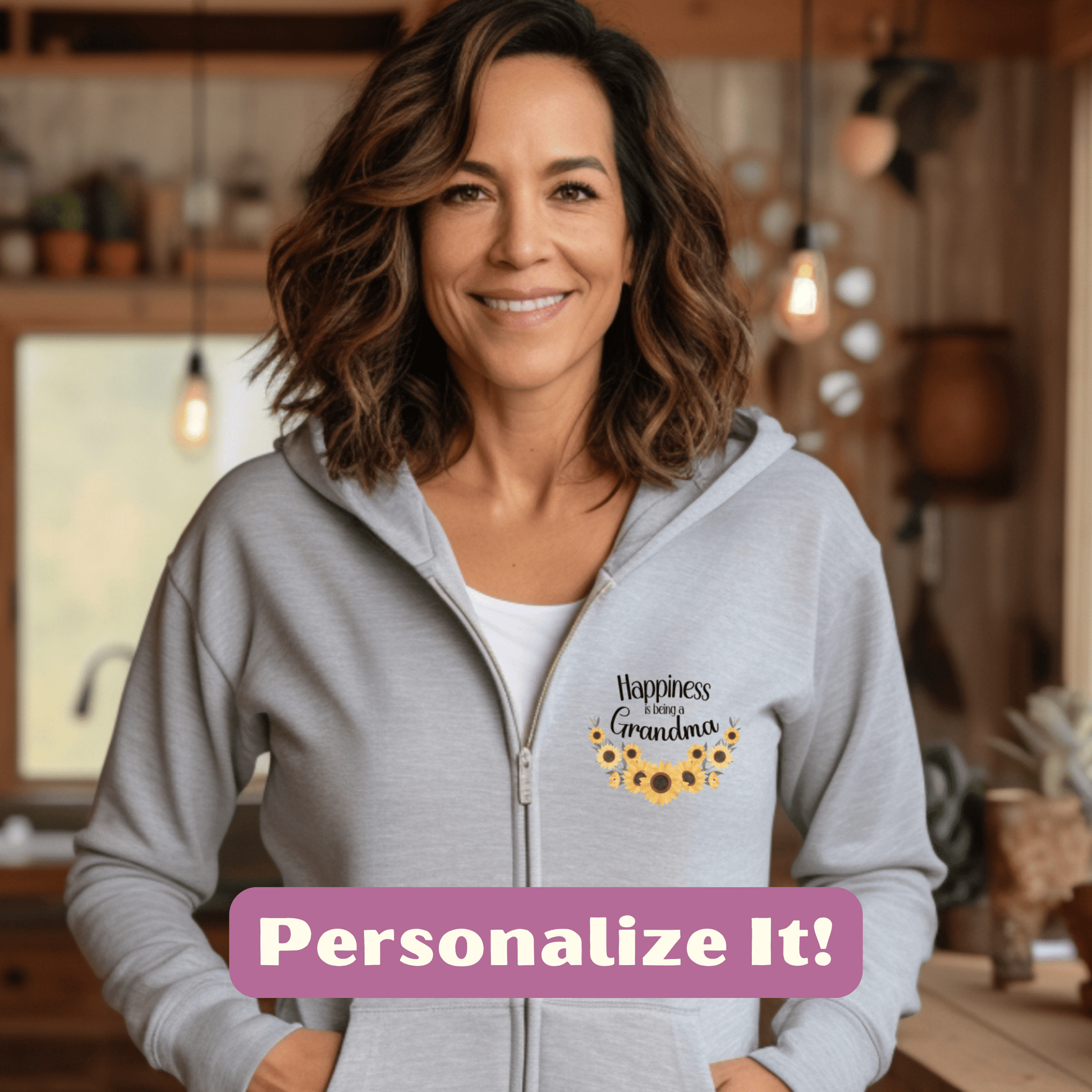 a woman standing in a kitchen with the words personalize it