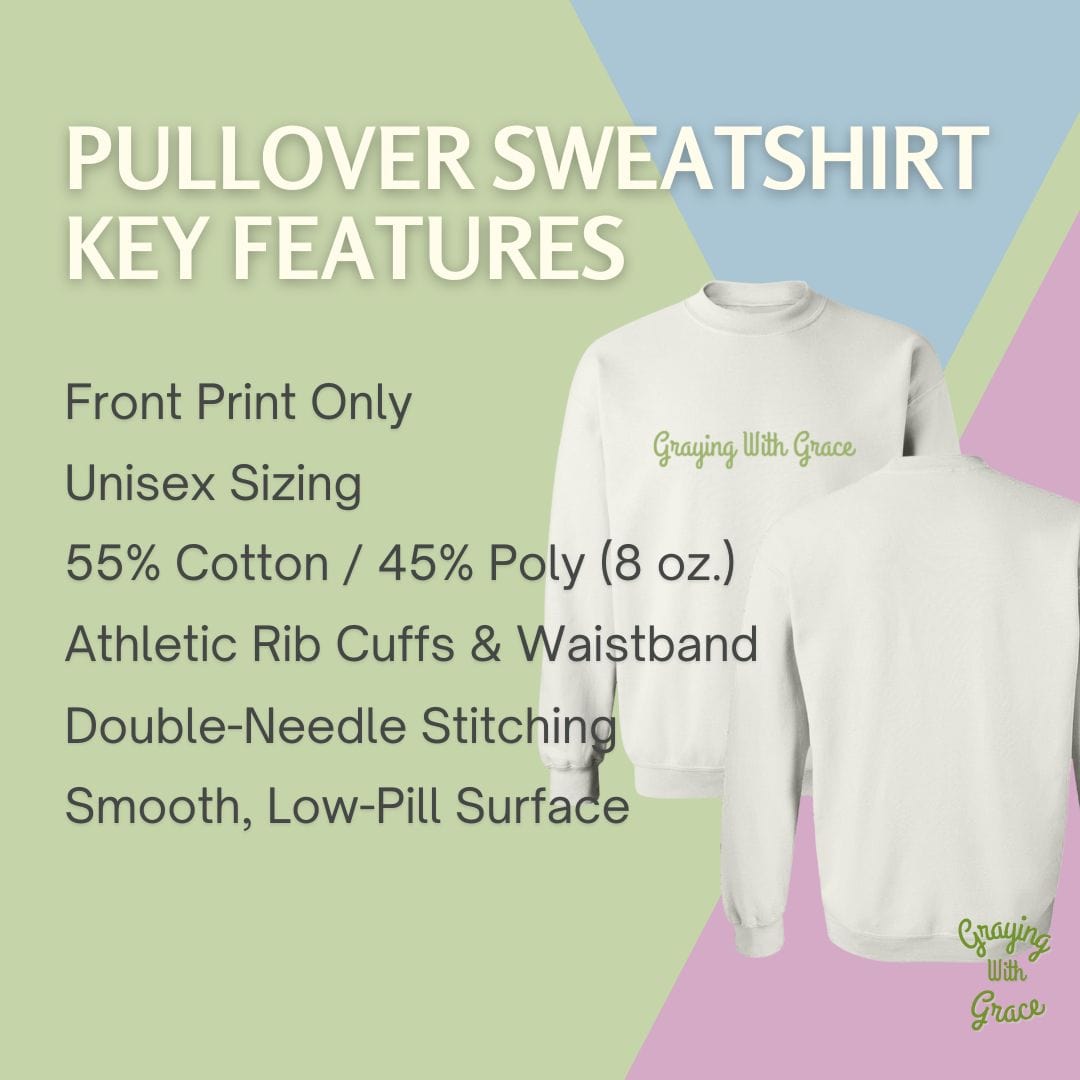 a white sweatshirt with the words pullover sweatshirt key features