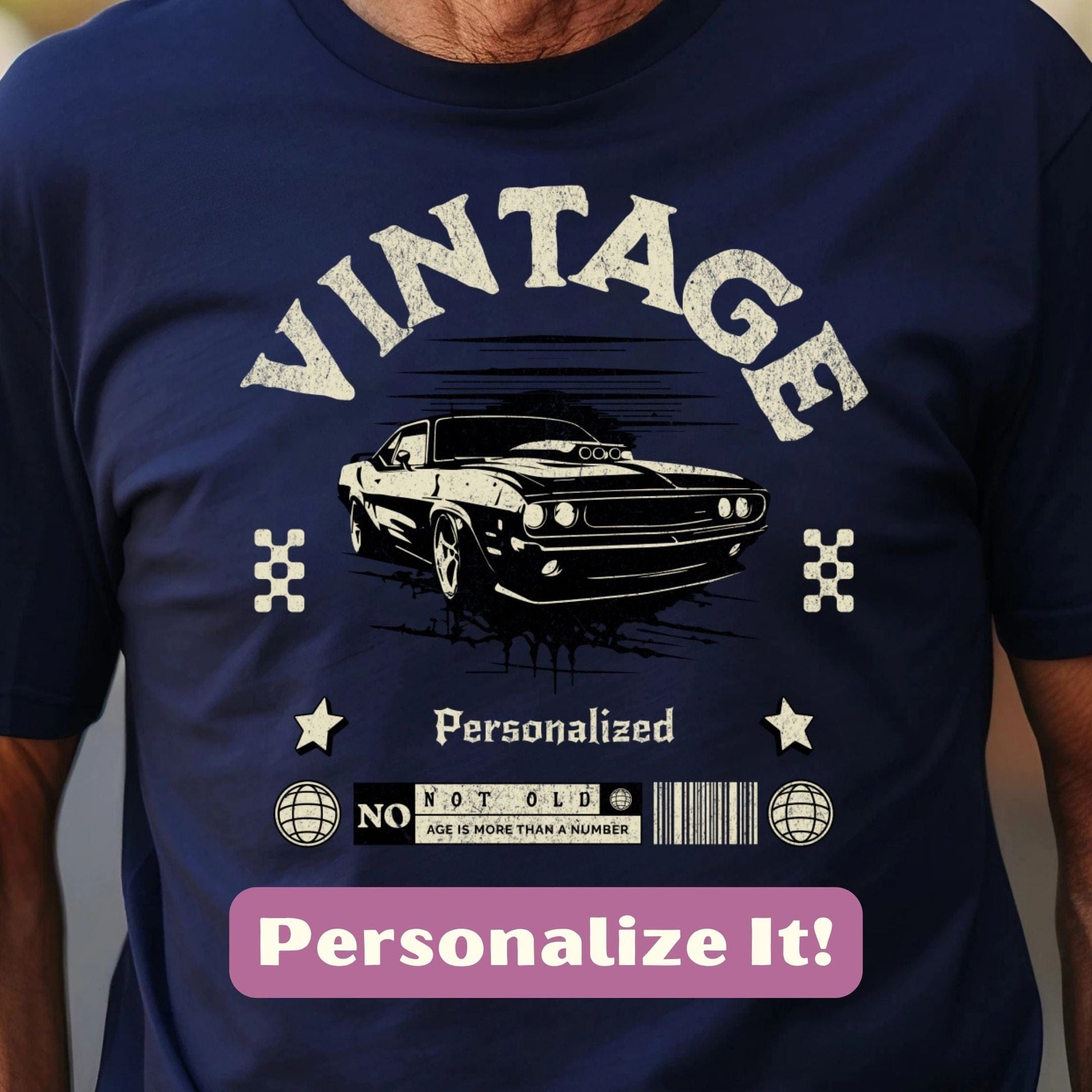 a man wearing a vintage t - shirt with a car on it