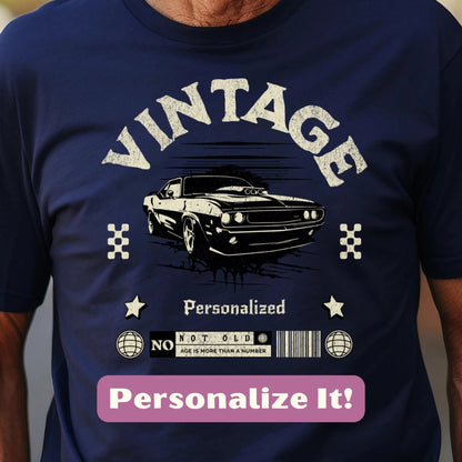 a man wearing a vintage t - shirt with a car on it