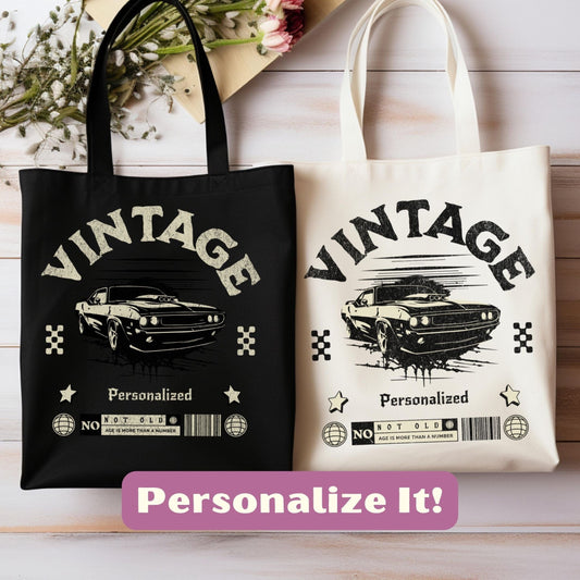 two bags with the words vintage and personalize it